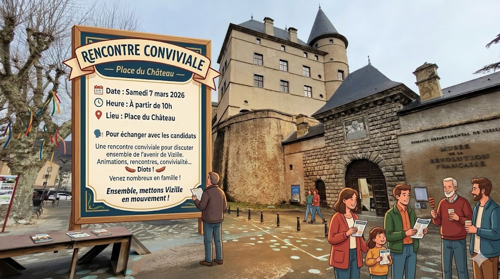 Visuel Facebook — Rencontre Conviviale Place du Château 7 mars, château de Vizille illustré en style dessin