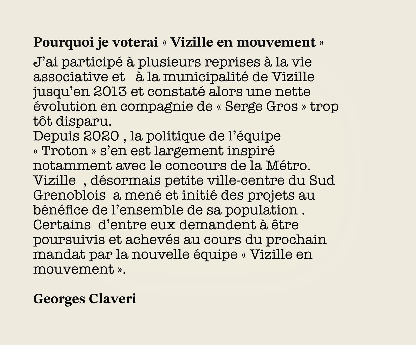 Georges Claveri — témoignage de soutien à Vizille en Mouvement