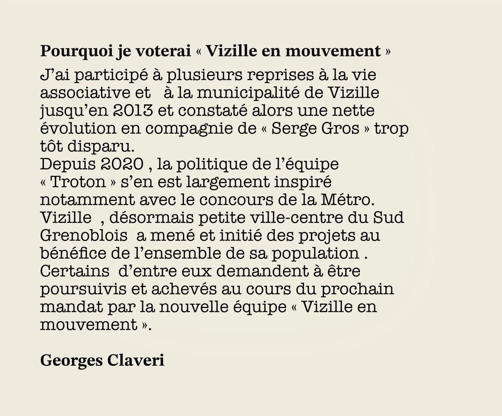 Georges Claveri — témoignage de soutien à Vizille en Mouvement
